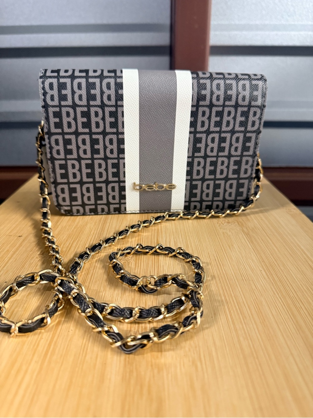 Bebe  Monogram Crossbody with Gray and White Stripe